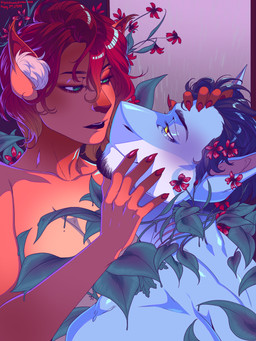 anthro blush bright_colors duo face_holding female flower male male/female plant smile vines goddamnitrobin ambrosia_mallow xoc_onda aquatic domestic_cat felid feline felis fish mammal shark 3:4 hi_res