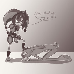 4_fingers annoyed anthro blush blush_lines clothed clothing duo ear_blush feet female fingers foot_on_head gloves gloves_only half-closed_eyes handwear handwear_only kneeling male mostly_nude narrowed_eyes nude speech_bubble spiral spiral_eyes tail tail_motion tailwag screaming_alice glitch_productions kinktober kinktober_2025 the_amazing_digital_circus jax_(tadc) pomni_(tadc) humanoid lagomorph leporid mammal rabbit 1:1 absurd_res hi_res