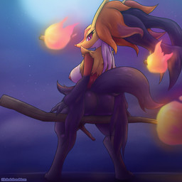 anthro areola breasts butt female fire light looking_at_viewer looking_back moon moonlight night nipples pink_areola sitting solo spread_legs spreading blubluumon nintendo pokemon pokemon_legends_z-a generation_9_pokemon mega_delphox mega_evolution pokemon_(species) 1:1 hi_res