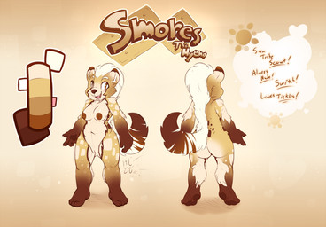 anthro areola barefoot breasts color_swatch eyebrows feet female fluffy fluffy_tail genitals navel nipples nude nudist open_mouth plantigrade simple_background smile solo tail toes vulva kemotobi smores_(kemotobi) hyena mammal 2017 model_sheet