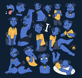 3_toes anthro arms_above_head bed black_clothing black_collar black_nose black_underwear blush bottomwear clothing collar cute_fangs disdain fangs feet feral floppy_ears frown furniture grey_bottomwear grey_clothing grey_shorts grin half-closed_eyes hands_together kneeling leaning leaning_forward legs_up looking_at_viewer male multiple_expressions multiple_poses narrowed_eyes on_bed on_haunches pose raised_hand shirt shorts sitting smile smirk solo stretching surprised teeth toes tongue tongue_out topwear underwear wide_hips yellow_clothing yellow_shirt yellow_topwear dalueart dalue_(dalueart) canid canine canis domestic_dog mammal absurd_res hi_res