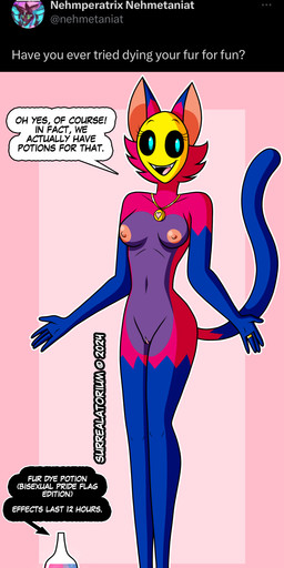 anthro ask_blog bisexual_pride_colors blue_arms blue_eyes blue_legs blue_tail bottle breasts container countershading dialogue digit_ring dipstick_ears ear_markings female fur genitals jewelry legs_together lgbt_pride locket multicolored_ears navel nipples nude open_mouth open_smile pink_background pink_body pink_fur potion potion_bottle pride_color_body pride_color_fur pride_colors purple_body purple_countershading ring simple_background slim smile solo tail text vulva wedding_ring yellow_mask surrealatorium amber_baker domestic_cat felid feline felis mammal siamese_cat 2024 absurd_res english_text full-length_portrait hi_res portrait