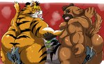 anthro belly big_butt blue_body blue_fur blush brown_body brown_fur butt fingering fur group humanoid_hands kemono male male/male moobs nipples oral overweight overweight_male white_body white_fur yellow_body yellow_fur yamatoji201 sengoku_puzzle raiden_shin'emon raiden_tameemon canid canine canis domestic_dog felid mammal pantherine tiger 2021 hi_res