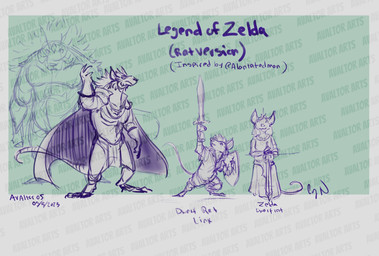 alternate_species anthro biped cape clothing group male melee_weapon shield size_difference sword weapon avaltor05 nintendo the_legend_of_zelda ganon ganondorf link princess_zelda mammal murid murine rat rodent 2023 distracting_watermark hi_res watermark