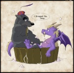 anthro bath belly black_border border dialogue duo feet hindpaw male nude overweight paws sheriff size_difference soap soles tail text toes water tbid disney don't_drop_the_soap mythology robin_hood_(disney) blackberry_dragon_(character) sheriff_of_nottingham canid canine canis dragon mammal mythological_creature mythological_scalie scalie wolf english_text