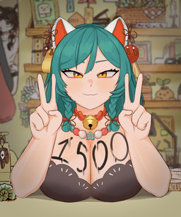 :3 bell bell_collar big_breasts blush blush_lines body_writing breasts collar double_v_sign eyebrows eyelashes female gesture green_eyebrows green_hair hair hand_gesture humanoid_hands long_hair orange_inner_ear pupils v_sign white_ears yellow_eyes confusedsabron omori_(game) omocat_(character) animal_humanoid cat_humanoid felid felid_humanoid feline feline_humanoid humanoid mammal mammal_humanoid hi_res