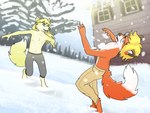 anthro black_nose blonde_hair blue_eyes breasts clothed clothing dipstick_ears dipstick_tail duo ear_markings eyewear female flat_chested fur glasses hair male male/female markings multicolored_ears navel nipples open_mouth orange_body orange_fur outside plant playing snow snowball tail tail_markings topless tree winter yellow_body yellow_fur young young_anthro jaxneesen david_(foxhound824) polymorph canid canine fox mammal 4:3 hi_res