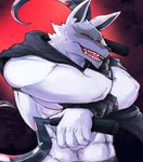 abs anthro arm_wrapping arm_wraps biceps cheek_tuft cloak clothing crossed_arms dual_wielding facial_markings facial_tuft fur fuzzy head_markings head_tuft holding_object holding_weapon looking_at_viewer male markings mask_(marking) muscular muscular_anthro muscular_male narrowed_eyes neck_tuft open_mouth open_smile red_background red_eyes sickle simple_background smile solo standing teeth tuft weapon white_body white_fur wrapped_arms wraps workakeius dreamworks puss_in_boots_(franchise) death_(puss_in_boots) canid canine canis mammal wolf