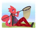 ambiguous_gender anthro butterfly_net choker clothed clothing curled_tail ear_piercing facial_horn footwear half-closed_eyes horn jacket jewelry leather leather_clothing leather_jacket leather_topwear narrowed_eyes necklace net nose_horn piercing purple_eyes shoes side_view sitting sleeveless_jacket solo tail topwear churroshiba animal_crossing nintendo flick_(animal_crossing) chameleon lizard reptile scalie 2020 hi_res