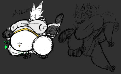 anthro belly big_breasts breasts cat_tail crouching female fur mace_(infernotv) multicolored_body multicolored_fur navel navel_piercing nipples obese overweight overweight_anthro overweight_female partially_clothed_anthro piercing puffy_nipples rumbling_stomach solo infernotv_(artist) domestic_cat felid feline felis mammal hi_res sketch_page