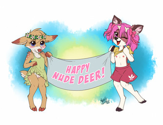 accessory anthro antlers blue_eyes bottomwear bow_ribbon brown_body brown_fur celebration clothed clothing clothing_lift countershade_face countershade_fur countershade_torso countershading digitigrade dipstick_ears dress dress_lift duo ear_markings embarrassed female female_anthro flat_chested flower flower_crown fur genitals green_clothing green_dress hair hair_accessory hair_bow hair_ribbon head_tuft head_wreath holding_object holding_sign hooved_digitigrade hooved_toes hooves horn inner_ear_fluff knock-kneed looking_at_viewer multicolored_ears navel nipples no_underwear on_one_leg one_eye_closed open_mouth open_smile pink_bow pink_eyes pink_hair plant presenting presenting_chest presenting_vulva ribbons scut_tail shirt shirt_lift short_tail sign simple_background skirt smile standing tail tan_body tan_fur text topwear tuft vulva white_body white_fur wink winking_at_viewer young young_anthro young_female nekostar deer mammal 2025 artist_name dated digital_drawing_(artwork) digital_media_(artwork) english_text flat_colors hi_res signature