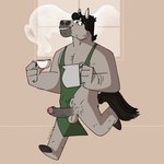 anthro apron apron_only arm_hair balls barely_visible_nipples barrista beverage big_penis biped black_hair body_hair chest_hair clothing cloven_hooves coffee coffee_cup container cup erection facial_hair foreskin fur genitals glans grey_body grey_fur hair hooved_plantigrade hooved_toes hooves hot_drink humanoid_genitalia humanoid_penis leg_hair male male_anthro muscular muscular_male navel nipples partially_retracted_foreskin penis pitcher plantigrade pubic_stubble running simple_background smile solo steam stubble window nardodraws equid equine horse mammal 1:1 hi_res