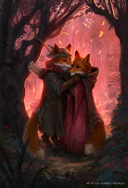 anthro anthro_on_anthro autumn bow_(weapon) clothing digitigrade duo eyes_closed female forest fur green_clothing green_jacket green_topwear hat headgear headwear jacket leaf looking_up male male/female outside pink_clothing pink_robe plant quiver_(object) ranged_weapon robe standing tail topwear tree weapon whiskers valkiri canid canine fox mammal digital_media_(artwork) hi_res