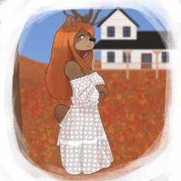 anthro autumn autumn_leaves big_nose breasts claws clothing dark_nose dress eyelashes female freckled_face freckled_shoulders freckles green_eyes hair hair_down long_eyelashes low_cut_dress nub_tail orange_hair round_ears side_view smile solo thick_thighs toe_claws white_clothing white_dress katahdin kat_(katahdin) bear mammal hi_res