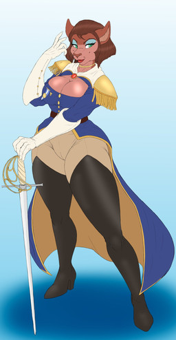 big_breasts boots bottomwear breasts brown_hair cleavage clothed clothing coat eyeshadow female footwear gloves green_eyes hair handwear high_heeled_boots high_heels legwear lipstick makeup melee_weapon pants shoes smile solo sword thigh_boots thigh_highs topwear weapon imnotanalligator disney treasure_planet captain_amelia domestic_cat felid feline felis humanoid mammal hi_res