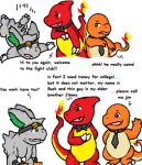 bow_(feature) bow_tie briefcase brown_eyes charmander charmeleon comic dialogue english_text eyewear falling fire flaming_tail generation_1_pokemon goggles green_eyes grey_body group guil_bunny_(artist) kishin_the_nidoran male necktie nidoran nidoran♂ nintendo orange_body orange_skin pokemon pokemon_(species) red_body scalie simple_background tail text white_background