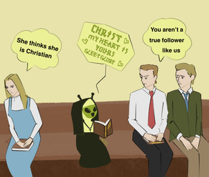 accessory antennae_(anatomy) beads bible_(object) black_bottomwear black_clothing black_eyes black_pants blonde_hair blue_clothing blue_dress blue_necktie bottomwear brown_bottomwear brown_clothing brown_hair brown_pants clothed clothing cross dress eyebrows female glistening glistening_eyes green_body green_dress_shirt green_skin group hair light_body light_skin long_hair long_sleeves necktie noseless nun nun_habit nun_outfit open_mouth open_smile overall_dress pants prayer_beads red_necktie religion religious_clothing rosary shirt short_hair sitting smile speech_bubble text topwear white_clothing white_dress_shirt white_shirt white_topwear pulledbjjork christianity sister_gleep_glorp alien human mammal roswell_grey absurd_res english_text hi_res