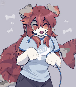 ahoge anthro black_eyebrows blue_clothing blue_shirt blue_topwear bottomwear cheek_tuft clothed clothing eyebrows eyelashes eyes_closed facial_tuft female fish_tail floppy_ears fully_clothed fur hair hair_between_eyes happy long_hair mouth_hold multicolored_body multicolored_fur multicolored_hair pants shirt short_sleeves sidelocks simple_background solo teeth topwear tuft fleurfurr aquatic canid canine hybrid mammal absurd_res cel_shading colored digital_drawing_(artwork) digital_media_(artwork) hi_res shaded