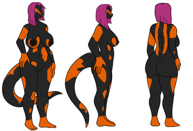 4_toes 5_fingers anthro big_breasts big_butt biped black_body black_nipples breasts butt eyelashes feet female fingers genitals hair hand_on_hip lipstick makeup markings multicolored_body navel nipples non-mammal_breasts non-mammal_navel non-mammal_nipples orange_body pink_hair purple_lipstick simple_background smile solo standing thick_thighs toes two_tone_body vulva wide_hips yellow_eyes deadpliss maxine_(maxdamage_rulz) amphibian fire_salamander salamander absurd_res hi_res model_sheet