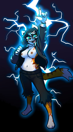 3_toes 5_fingers anthro areola biped black_bottomwear black_clothing black_hair black_jacket black_pants black_topwear bottomwear breasts brown_areola brown_inner_ear brown_nipples brown_stripes chest_scar claws clothed clothed_anthro clothed_female clothing countershade_torso countershading electricity exposed_breasts eyebrow_through_hair eyebrows facial_scar feet female finger_claws fingerpads fingers front_view fur gesture glowing glowing_eyes hair hand_gesture highlights_(coloring) hip_scar jacket leg_scar lightning looking_at_viewer medium_breasts navel nipples open_clothing open_jacket open_mouth open_smile open_topwear orange_body orange_fur pants pawpads pointing pointing_up scar simple_background smile solo standing stripes tail teeth toes tongue topwear torn_bottomwear torn_clothing torn_pants translucent translucent_hair white_body white_fur white_highlights mewgle blaise_(mewgle) felid mammal pantherine tiger 2026 digital_drawing_(artwork) digital_media_(artwork) hi_res