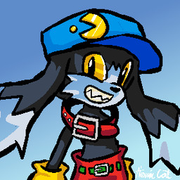 anthro black_body black_fur blue_clothing blue_hat blue_headwear bottomwear clothed clothing collar fur gloves grin handwear hat headgear headwear long_ears male pants red_collar sharp_teeth shirtless smile solo teeth teeth_showing white_body white_fur yellow_clothing yellow_eyes yellow_gloves yellow_handwear atomic_cat bandai_namco klonoa_(series) pac-man_(series) klonoa domestic_cat felid feline felis hybrid lagomorph leporid mammal rabbit 1:1 2022 aliasing cel_shading digital_media_(artwork) low_res shaded signature