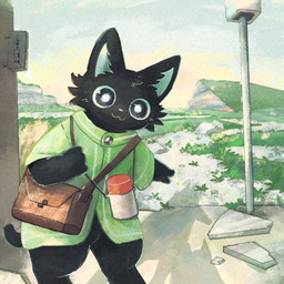 anthro bag black_body black_fur clothing fur gesture green_clothing hand_gesture kemono male outside pointing smile solo standing thermos nabatabatabata domestic_cat felid feline felis mammal 1:1