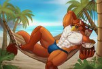 abs armpit_hair beach beak beverage body_hair brown_body bulge chest_tuft claws clothed clothing coconut coconut_drink countershading day detailed_background drink_umbrella drinking_straw drupe_(fruit) eyewear food fruit fur grin hair hammock hand_behind_head holding_beverage holding_coconut holding_object looking_at_viewer lying male muscular muscular_male narrowed_eyes nipples on_back outside palm_tree partially_clothed pecs plant pointy_ears prick_ears sand smile speedo sunglasses swimwear tail tail_tuft topless topless_male tree tuft white_body white_countershading blazekemono mythology avian gryphon mythological_avian mythological_creature 2023 absurd_res cel_shading hi_res shaded