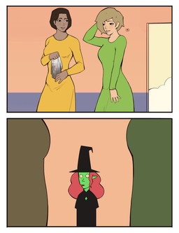ambiguous_gender black_clothing black_dress black_hat black_headwear blush blush_lines brown_eyes brown_hair clothed clothed_ambiguous clothed_female clothed_human clothed_humanoid clothing dress eye_contact female front_view fully_clothed fully_clothed_ambiguous fully_clothed_female fully_clothed_human fully_clothed_humanoid green_body green_clothing green_dress group hair hat headgear headwear holding_object humanoid_pointy_ears looking_at_another medium_comic open_mouth pointy_ears pose red_hair shocked trio wide_eyed witch_hat yellow_clothing yellow_dress bonnymama7 elphaba_(bonnymama7) human humanoid mammal 2025 absurd_res comic digital_drawing_(artwork) digital_media_(artwork) half-length_portrait hi_res portrait three-quarter_portrait female_(lore)