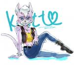 anthro biped blue_eyes breasts cleavage clothed clothing domestic_cat felid feline felis female katt_monroe looking_at_viewer low_res mammal midriff navel nintendo simple_background sitting solo star_fox white_background zettdot