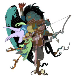 ambiguous_gender anthro armor barefoot belt biped bow_(weapon) bracers brown_body clothing duo feathered_wings feathers feet green_body green_feathers headgear headwear holding_arrow holding_bow_(weapon) holding_object holding_ranged_weapon holding_weapon looking_up melee_weapon purple_wings ranged_weapon religious_clothing religious_headwear scabbard simple_background size_difference standing sword talons toes turban weapon white_background wings casper_pham avian bird hi_res
