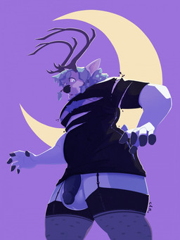 anthro balls black_clothing black_penis black_topwear blue_eyes clothed clothing crescent_moon crossdressing flaccid genitals grey_body grey_hair hair humanoid_genitalia humanoid_penis male moon muscular muscular_anthro muscular_male open_mouth penis purple_background simple_background solo standing topwear white_balls white_body chocolateandmilk deer mammal 2018 3:4 dated hi_res portrait signature three-quarter_portrait