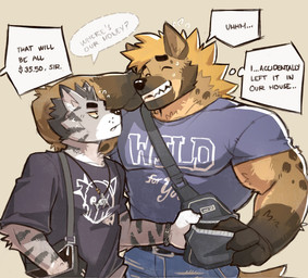 anthro belt biceps bodily_fluids bottomwear clothed clothing dialogue duo eyes_closed fully_clothed inner_ear_fluff jewelry looking_at_another male necklace pants pecs rubbing_neck shirt simple_background smile speech_bubble striped_body stripes sweat sweatdrop tail text topwear tuft greyy hyena mammal spotted_hyena english_text hi_res