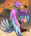 anthro avian_feet beak biped blue_body claws clothing falling feathered_crest feathered_wings feathers green_eyes head_crest male pink_body scarf solo tail tail_feathers winged_arms wings enemytal gyro_feather avian bird galliform peafowl phasianid digital_media_(artwork) hi_res