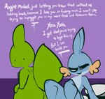 1-upclock anthro bed butt dialogue dot_eyes duo female freckles furniture generation_2_pokemon generation_3_pokemon hi_res imminent_sex jay_(1-upclock) larvitar mabel_(1-upclock) male male/female mudkip nintendo nude pillow pokemon pokemon_(species) purple_background simple_background smile smirk tail