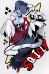 blue_body blue_hair blue_skin breasts cleavage clothed clothing duo ear_mouth female hair red_eyes sewn_mouth simple_background slugbox skullgirls leviathan_(skullgirls) squigly chimera humanoid monster