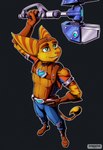 abs anthro belt clothing gesture gloves green_eyes hand_on_hip handwear harness male omniwrench pilot_hat smile solo stripes tail utility_belt sygnatus ratchet_and_clank sony_corporation sony_interactive_entertainment ratchet_(ratchet_and_clank) lombax mammal absurd_res hi_res