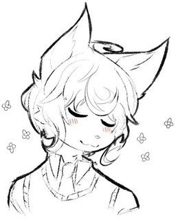 :3 ahoge blush eyes_closed flower hair male messy_hair necktie plant short_sleeved_shirt sleeveless_sweater solo nesuki-r ness_(nesuki-r) domestic_cat felid feline felis mammal 2018 monochrome portrait sketch