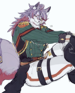 anthro bottomwear clothing colored_fire eyewear fancy_clothing fire fluffy fluffy_tail fur green_clothing green_fire green_topwear grey_body grey_fur hair leg_belt looking_at_viewer male monocle multicolored_body multicolored_fur pants purple_hair simple_background solo tail topwear two_tone_body two_tone_fur white_body white_bottomwear white_clothing white_fur white_pants yellow_eyes konn_ad13 compass_(combat_providence_analysis_system) charles_richter_(compass) canid canine canis mammal wolf 2026