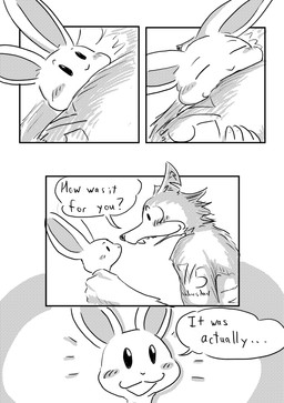anthro arm_tattoo blush dialogue duo emanata female hand_on_shoulder hug male notched_ear question smile squish tattoo dragonweirdo beastars haru_(beastars) legoshi_(beastars) canid canine canis lagomorph leporid mammal rabbit wolf absurd_res comic hi_res monochrome