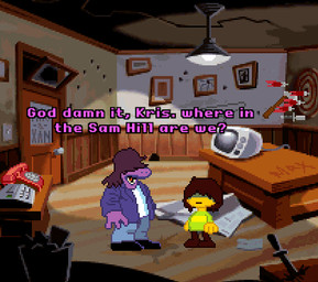 ambiguous_gender anthro bottomwear brown_hair clothing computer dialogue door duo electronics female furniture green_sclera hair humor jacket pants purple_body style_emulation table text topwear deltarune kris_where_are_we sam_and_max undertale_(series) kris_dreemurr susie_(deltarune) dinosaur human mammal prehistoric_species reptile scalie english_text low_res meme