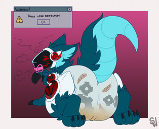 all_fours ambiguous_gender anthro black_claws blue_body blue_fur blue_inner_ear_fluff blue_tail blush blush_lines bodily_fluids border claws clothed clothing diaper embarrassed exclamation_point fur genital_fluids gradient_background inner_ear_fluff looking_at_viewer looking_back looking_back_at_viewer machine object_in_mouth pacifier pacifier_in_mouth pink_pacifier protogen_visor rear_view red_eyes reflective_body simple_background solo tail text tuft unclean_diaper urine used_diaper warning_message warning_sign wearing_diaper wet_diaper white_border shinywark heinrich_(owlloverhoot) protogen english_text hi_res signature