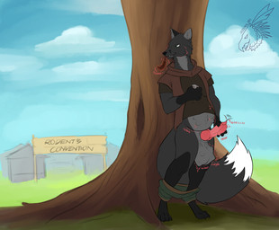 abdominal_bulge almost_fully_inside animal_genitalia animal_penis anthro balls big_balls blue_sky bottomwear bottomwear_around_legs canine_genitalia canine_penis clothing clothing_around_legs cloud cock_vore convention day erection forced fur genitals glorp grass grey_body grey_fur group gurgle_(sound_effect) gurgling_balls hand_on_penis head_first holding_prey huge_balls knot larger_pred macro_pred male male/male male_pred micro_prey multiple_prey oral_vore outside pants pants_around_legs penile penis plant scared sign size_difference sky slosh sloshing_balls slurp slurping squelching squirming struggling struggling_prey tail teeth throbbing throbbing_penis tree tricked unwilling_prey vore willing_pred zeanlain canid canine fox mammal mouse murid murine rodent sciurid tree_squirrel 2022 colored story story_in_description