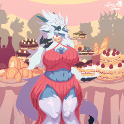 anthro belly big_breasts birthday blue_body bottomwear breasts cake clothed clothing cookie dessert detailed_background dress eating female fluffy food fur furniture group hair holding_food holding_object horn long_hair looking_at_viewer macaron_(food) navel nipple_outline open_mouth pastry plate smile sweater sweets table tail topwear tuft weight_gain weight_gain_sequence white_body white_hair lynnsnowmew mythology quinn_(dragon_down_under) dragon furred_dragon furred_scalie mythological_creature mythological_scalie scalie 1:1 digital_media_(artwork) hi_res