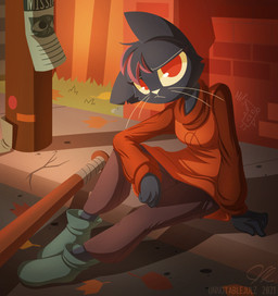 baseball_bat bat_(object) black_body black_fur bottomwear breasts brick_wall brown_bottomwear brown_clothing brown_pants clothing female fence footwear frown fur graffiti grass green_clothing green_footwear hair leaf missing_poster notched_ear orange_clothing orange_shirt orange_topwear pants plant red_eyes red_hair road shadow shirt sitting solo text topwear walkway wall_(structure) whiskers unnotablejulz night_in_the_woods casey_hartley mae_borowski sharkle_(nitw) domestic_cat felid feline felis mammal 2021 artist_name dated english_text signature