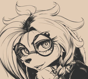 anthro black_nose braces collar eyebrows eyelashes eyewear female fur glasses hair looking_at_viewer simple_background solo spiked_collar spikes alcorart conditional_dnp phoebe_(alcorart) bird_dog canid canine canis domestic_dog hunting_dog mammal spaniel 2025 absurd_res hi_res monochrome