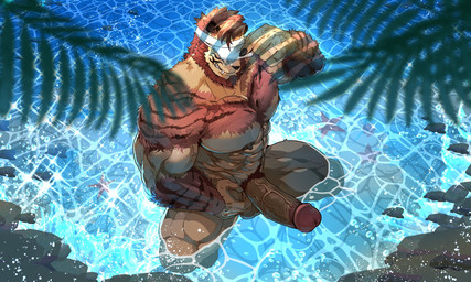 abs clothing erection genitals hat headgear headwear male mane muscular muscular_male nipples outside palm_tree partially_submerged pecs penis plant sea solo tree vein veiny_penis visor_cap water waterscape rybiok final_fantasy final_fantasy_xiv square_enix aquatic asterozoan echinoderm felid feline hrothgar mammal starfish hi_res
