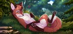 4_toes animal_genitalia balls blush brown_body brown_fur brown_tail chest_tuft claws cloud countershade_torso countershading digitigrade dipstick_tail feet feral finger_claws fluffy fluffy_tail forest fully_sheathed fur genitals gloves_(marking) grass leg_markings looking_at_viewer lying lying_on_ground male markings on_back on_ground outside pawpads paws plant quadruped sheath sky smile socks_(marking) solo tail tail_markings toe_claws toes tree tuft yellow_eyes rukifox tekai canid canine fox mammal 2025 digital_media_(artwork) hi_res shaded signature