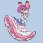 1:1 2020 anthro barefoot blue_background claws clothed clothing dipstick_ears disney dress feathers feet fully_clothed fur gloves grey_body grey_fur handwear judy_hopps lagomorph leporid mammal multicolored_ears nivarra one_eye_closed pink_nose purple_eyes rabbit showgirl simple_background smile solo toe_claws wink zootopia