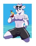 anthro beach clothing container cup drinking_glass eyewear eyewear_on_head facial_piercing gesture glass glass_container glass_cup hand_gesture male nose_piercing nose_ring piercing ring_piercing seaside solo sunglasses sunglasses_on_head swimwear v_sign zairuz moredeer deer mammal absurd_res hi_res