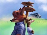 anthro blue_eyes brown_body brown_fur clothing duo fur male orange_body orange_eyes orange_fur plaid shirt sign simple_background slightly_chubby slim tan_body tan_fur topwear truck s1m disney zootopia gideon_grey travis_(zootopia) black-footed_ferret canid canine fox mammal mustelid musteline red_fox true_fox true_musteline weasel 2022 digital_media_(artwork) digital_painting_(artwork) hi_res